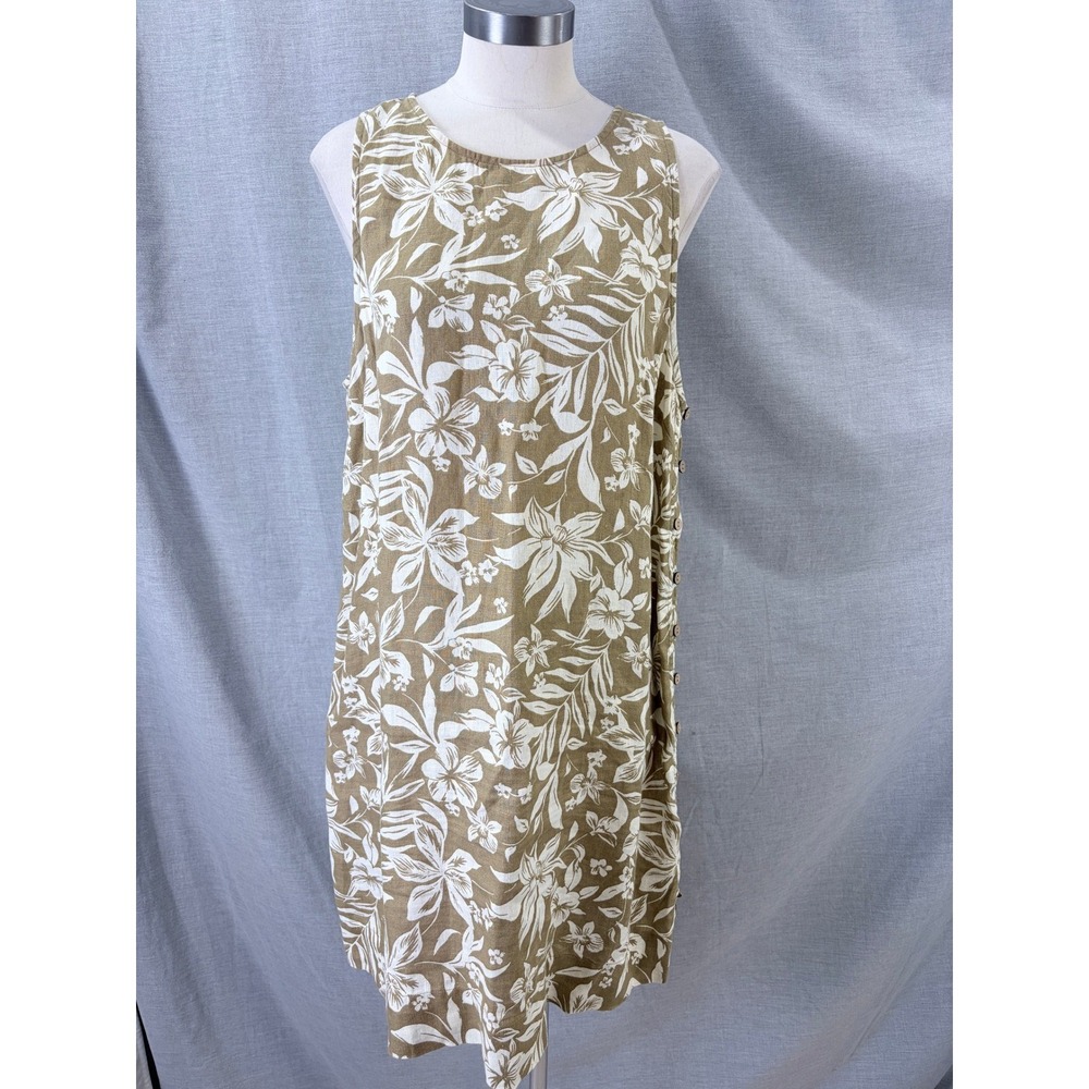 Faherty Tan White Floral 100% Linen Sleeveless Side Button Shift Dress L